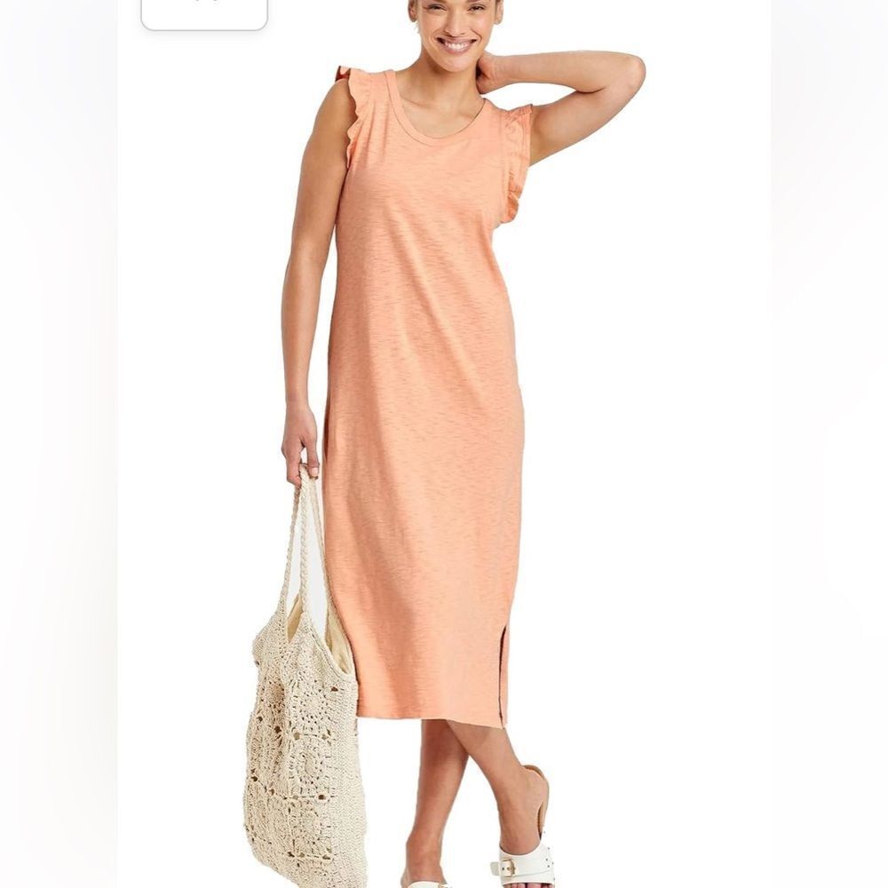 Target Cotton Ruffle Butterfly Sleeve Snap Button Back Midi Dress-orange/coral
